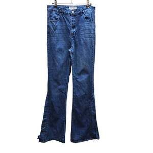 Peach Love Bell Bottom Denim Flare Leg Side Slit Jeans High-Rise Blue Size Large
